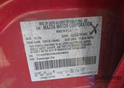 2006 Mazda Mazda6 S Grand Touring z USA, uszkodzony, nr VIN 1YVHP80D965M34892